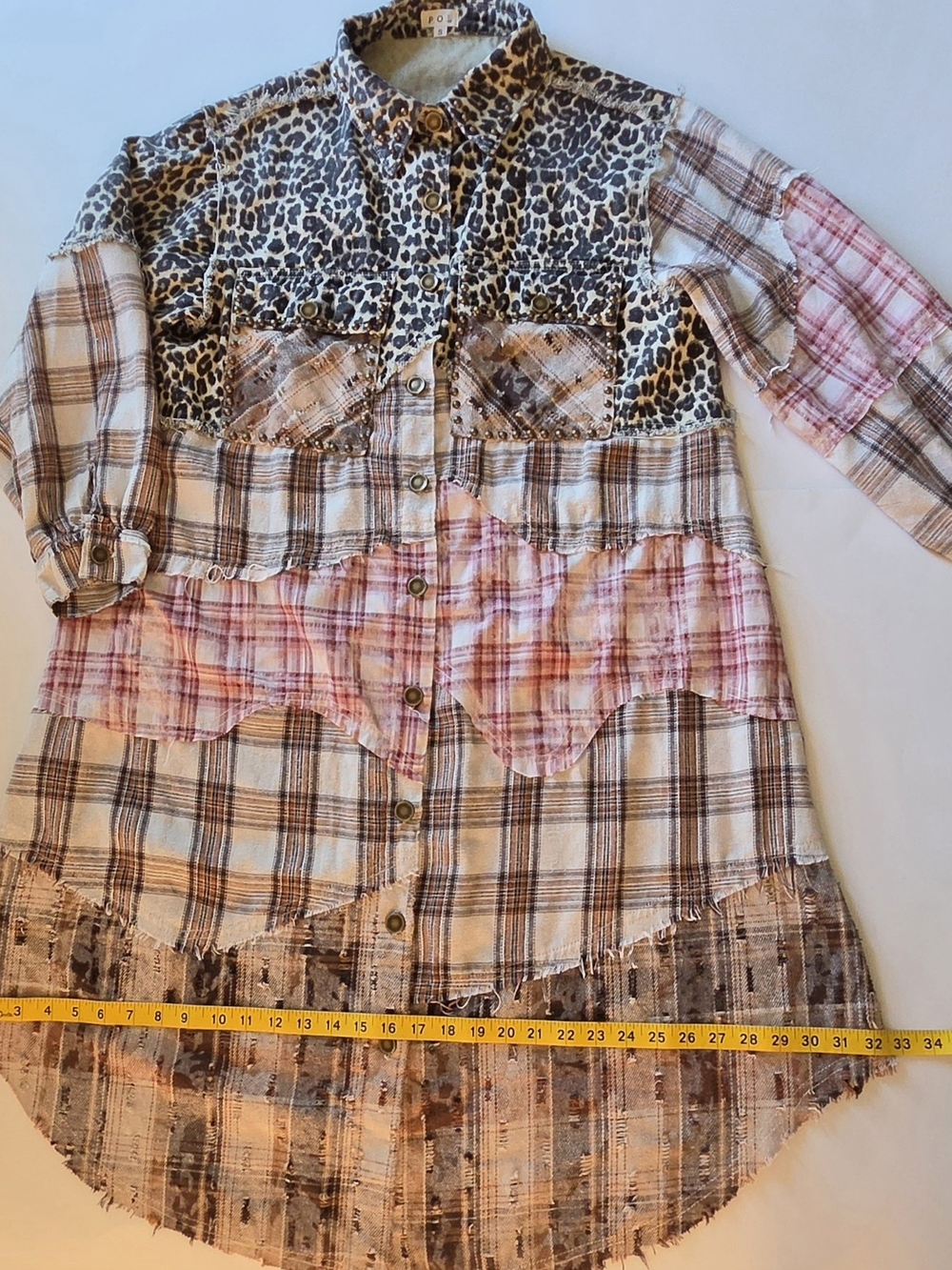 POL Mixed Media Plaid Leopard Duster Shacket Paisley Plant Patchwork Boho Jacket - Picture 8 of 12